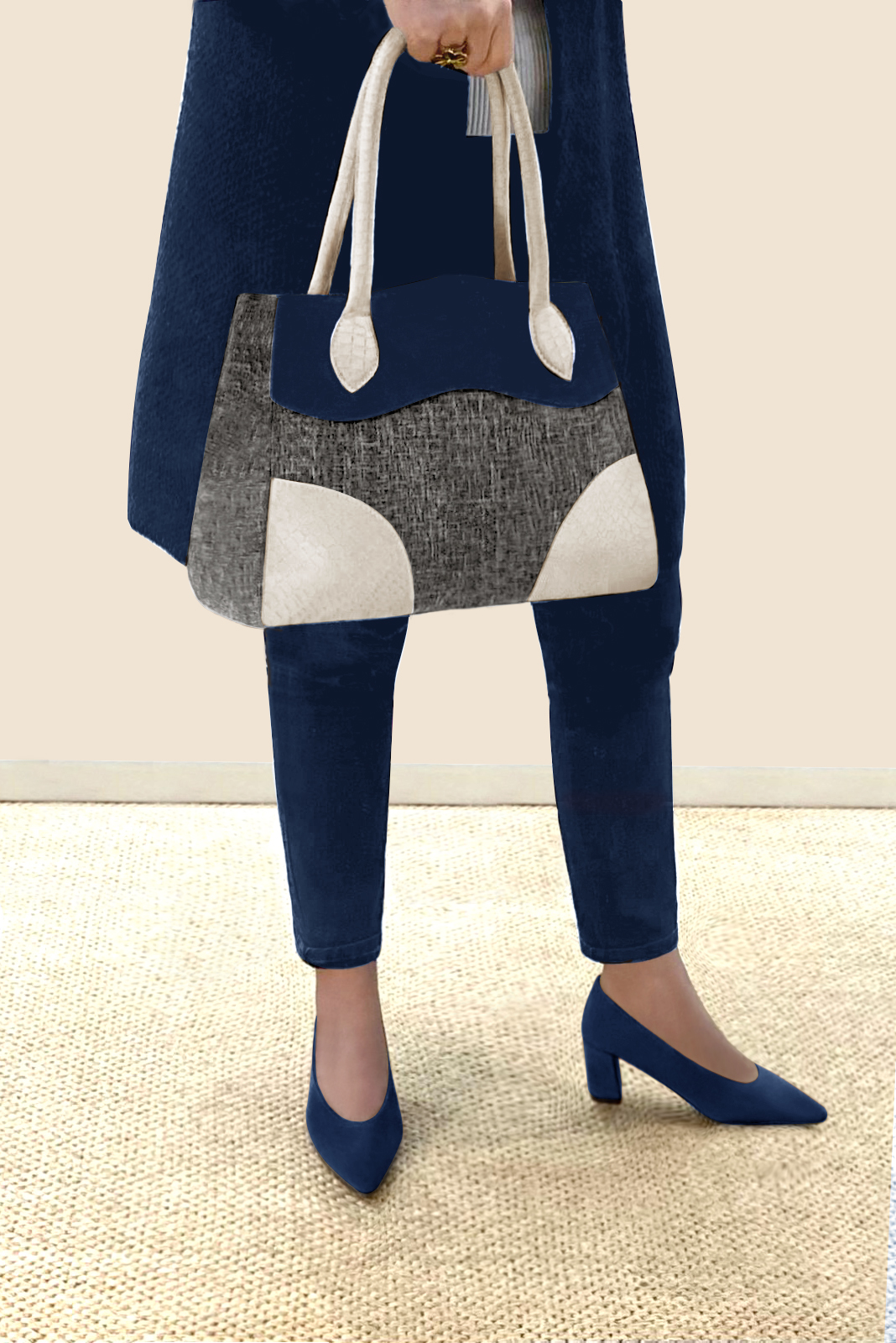 Dark grey, navy blue and off white women's dress handbag, matching pumps and belts. Worn view - Florence KOOIJMAN